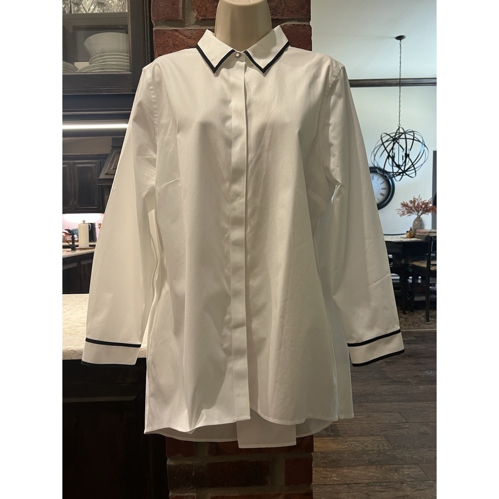Chico's No Iron Shirt Size 2 (L) White Black Trim Rhinestone Button Tunic Hi Low